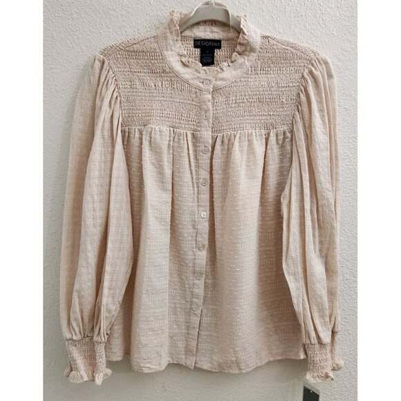 Design 365 Ivory Dotted Textured Button Up Long Sleeve Modest Blouse sz M New - Picture 1 of 11